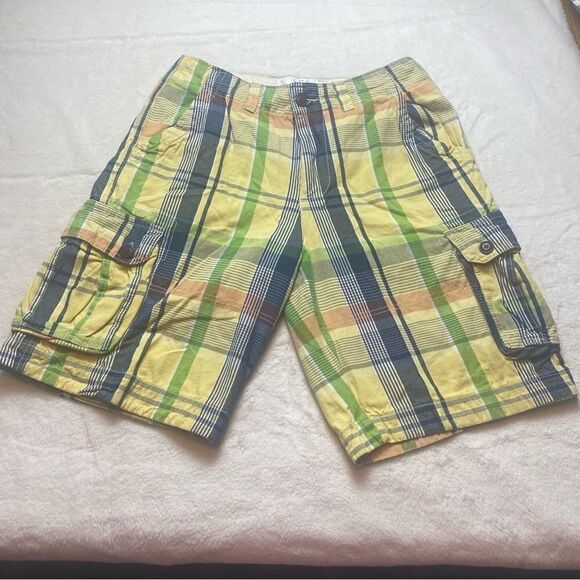 Ditch Plains Plaid Yellow Green Orange Blue Cargo Shorts Size 34 - Picture 1 of 13